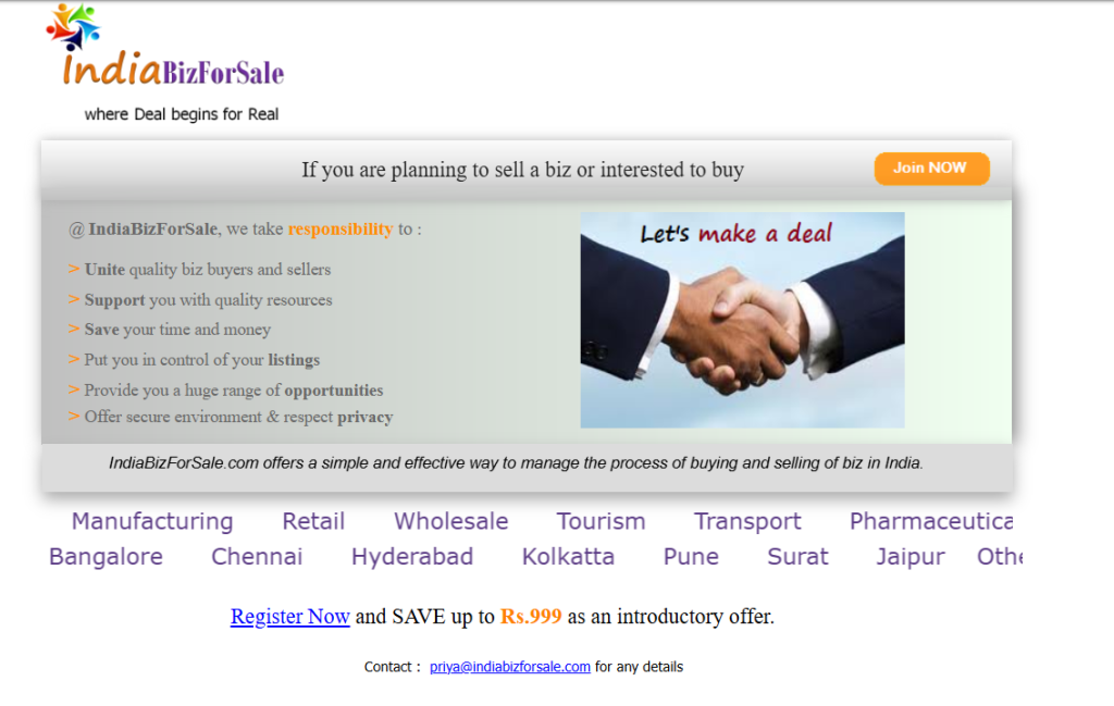 Initial dashboard of IndiaBizForSale backed in 2013